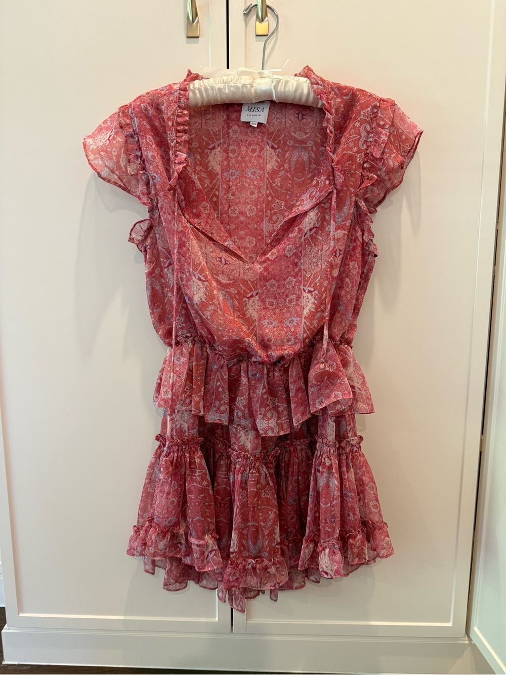 MISA Los Angeles Pink Paisley Ruffle Mini Dress | Wrap Style | Size XS